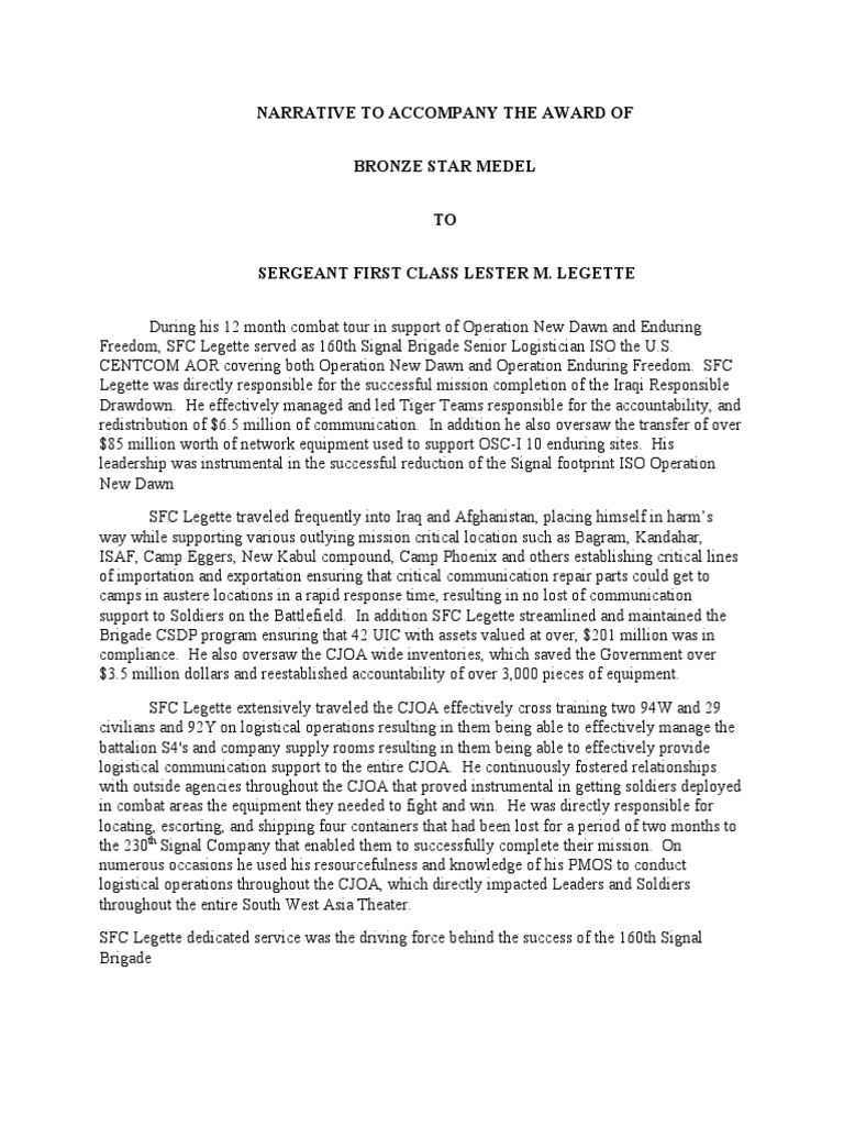 Narrative To Accompany The Award of Bronze Star Medel TO Sergeant First ...