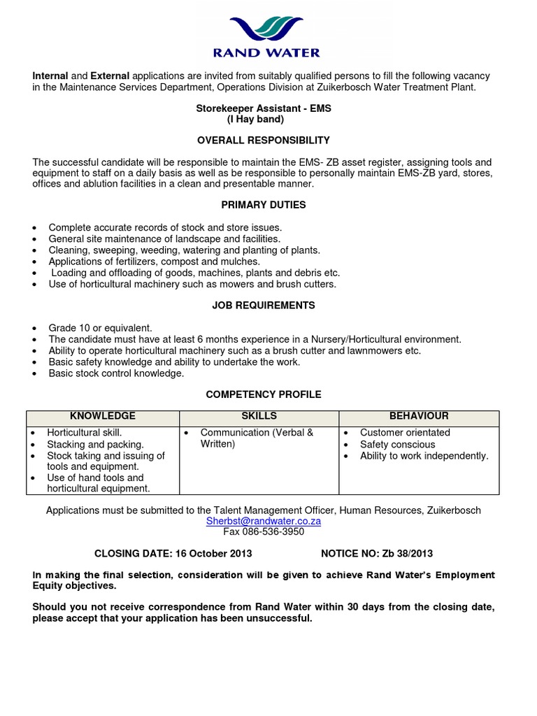 Storekeeper Assistant Job at Zuikerbosch | PDF