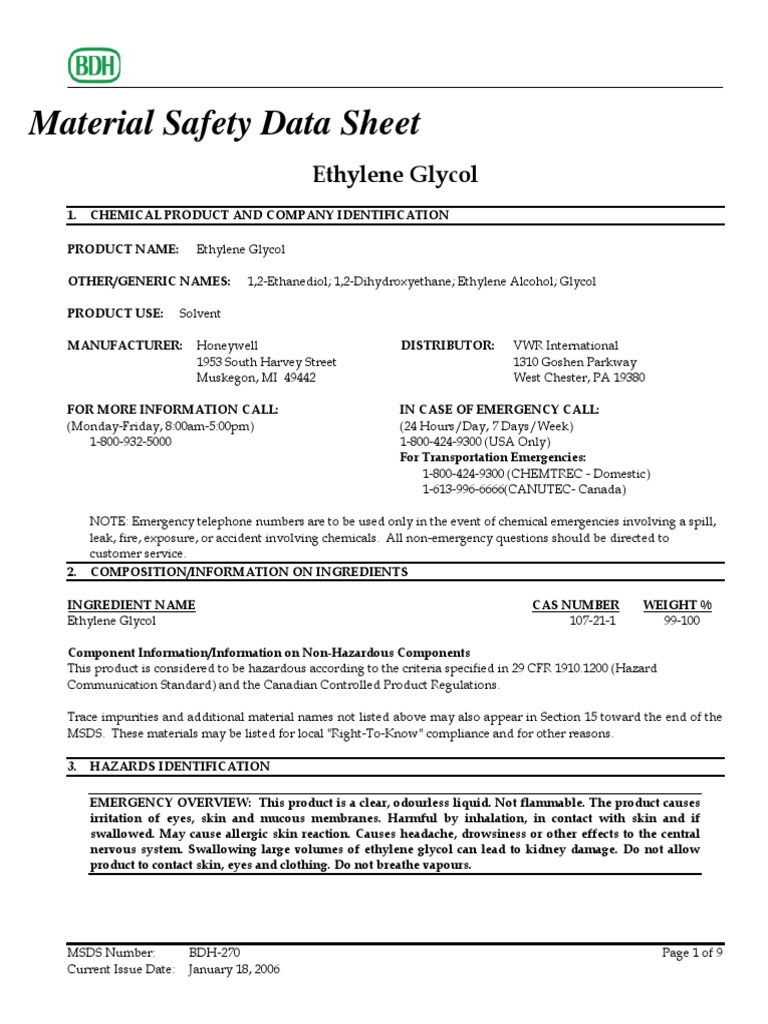 Material Safety Data Sheet Ethylene Glycol PDF