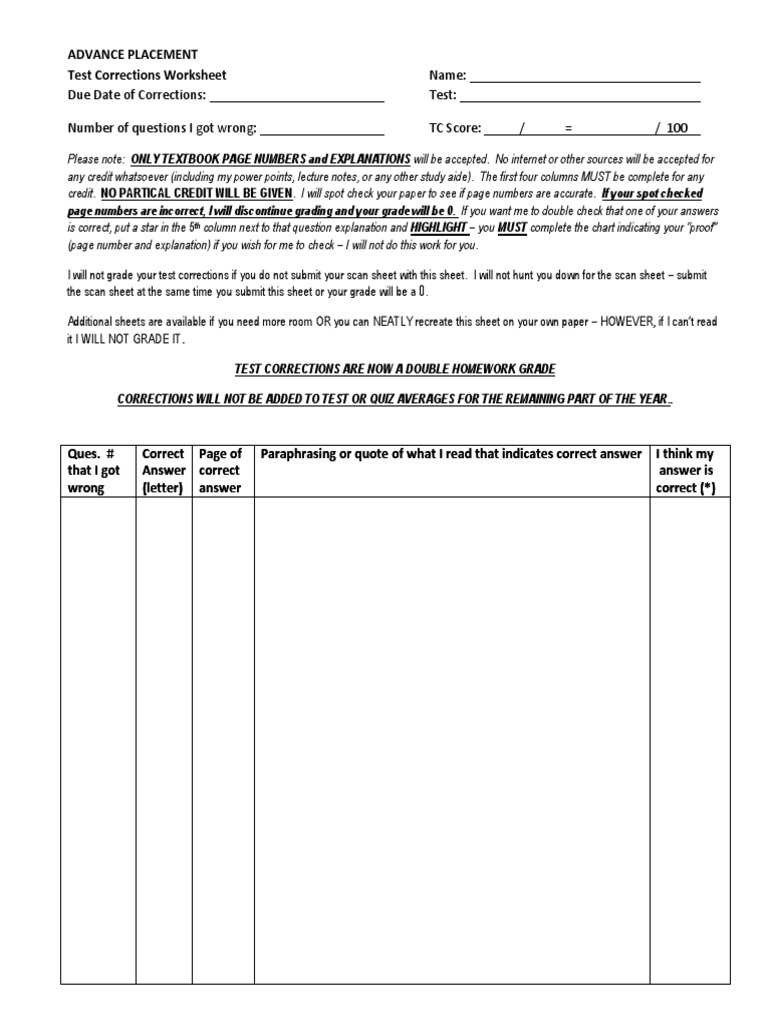 Ap Test Corrections Worksheet | PDF | Career & Growth