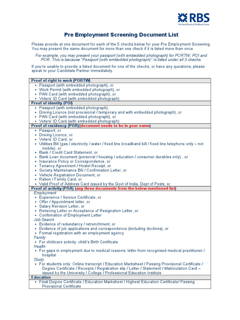 Pre Employment Screening Document List | PDF