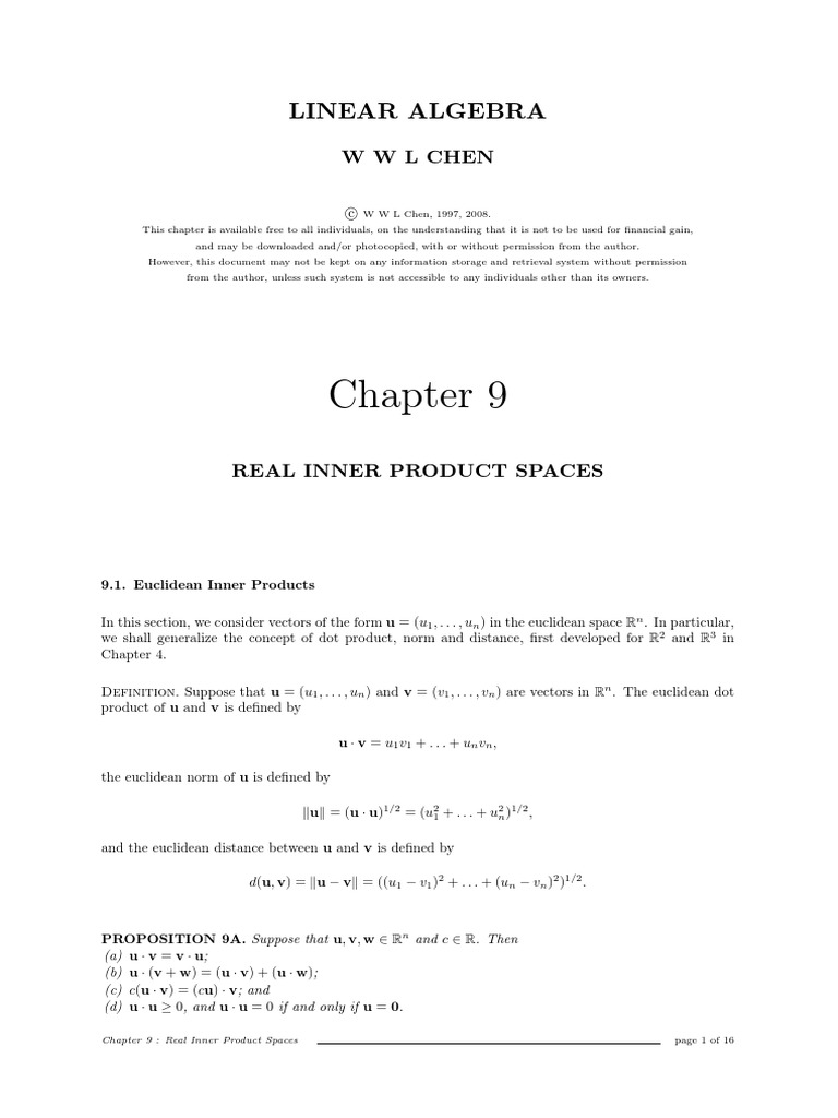 Linear Algebra Chapter 9 - Real Inner Product Spaces | PDF | Basis ...