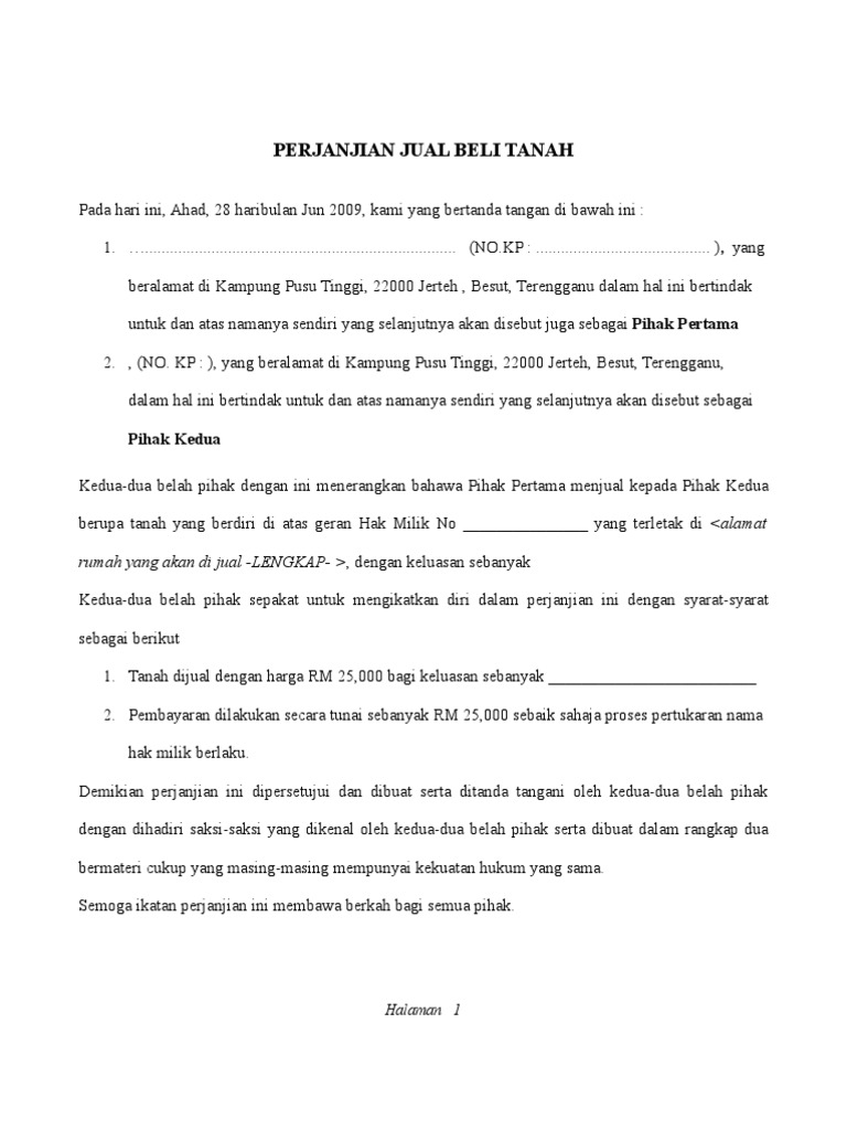 Surat Perjanjian Jual Beli Tanah Kampung Contoh surat rasmi permohonan geran tanah surasm.