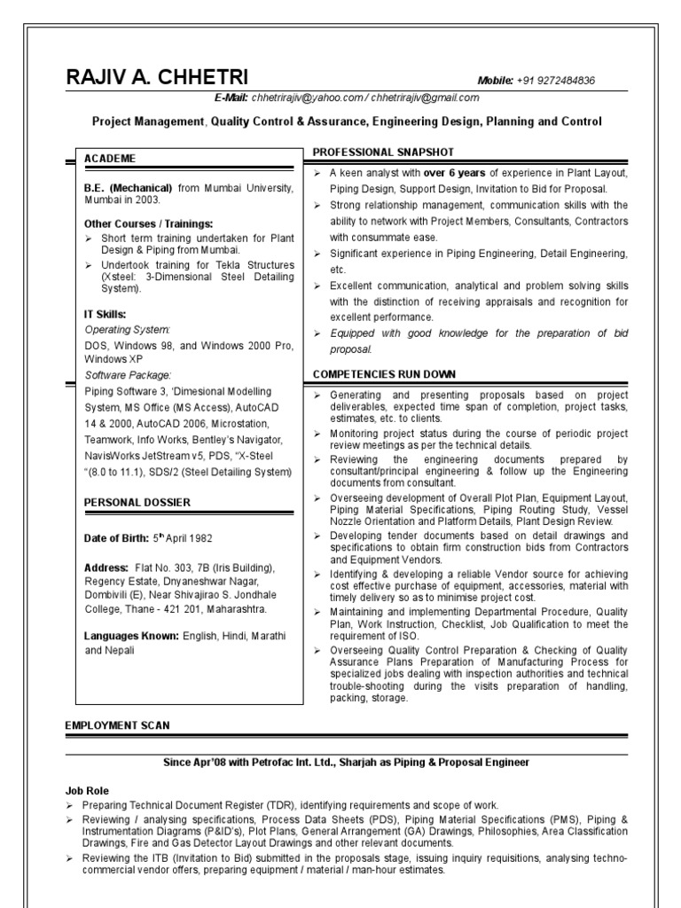Resume for Piping Design Engg Rajiv Chhetri Boiler 