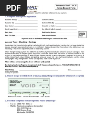 Regional Acceptance Ach Draft Form-One