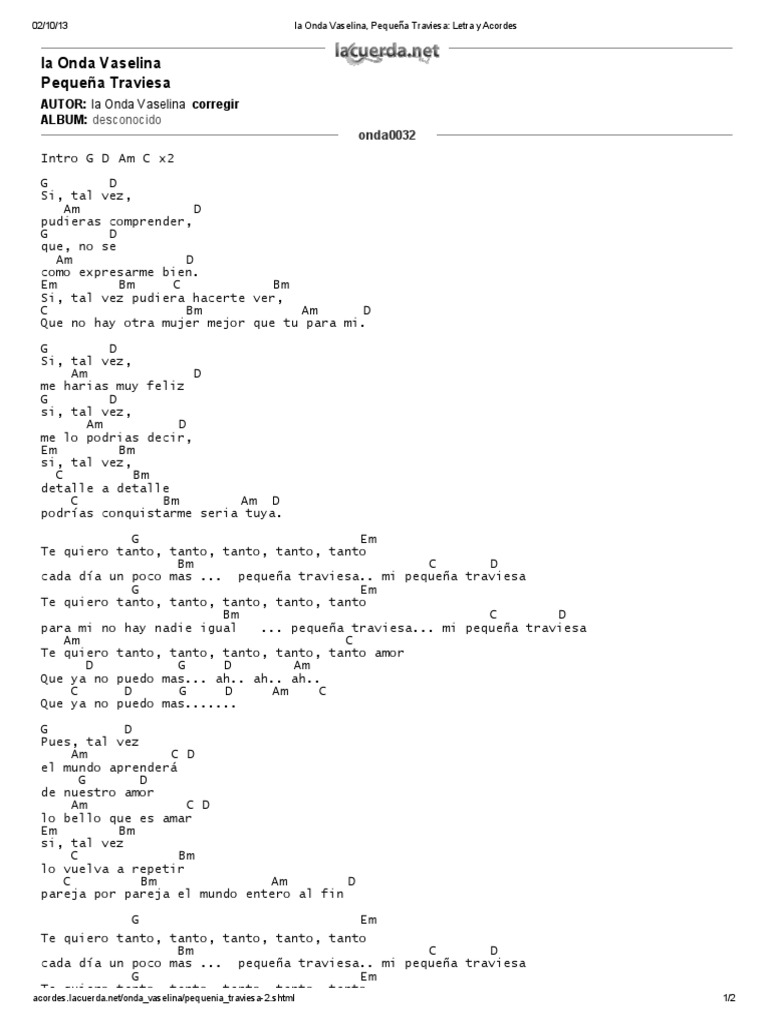 La Onda Vaselina Pequena Traviesa Letra Y Acordes