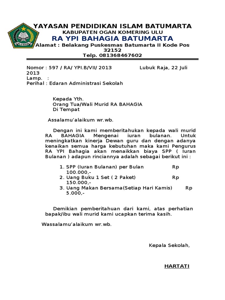 Contoh Surat Pemberitahuan Sekolah Dasar