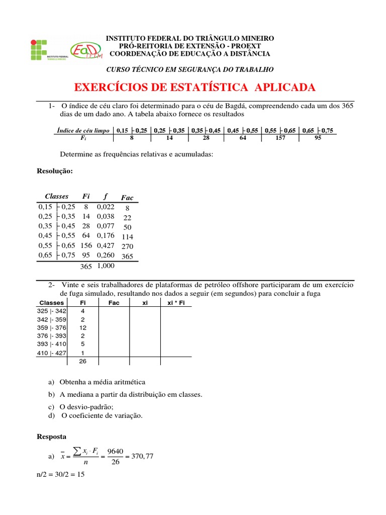 Exercícios de Estatística Aplicada Com Resposta | PDF | Coeficiente de ...