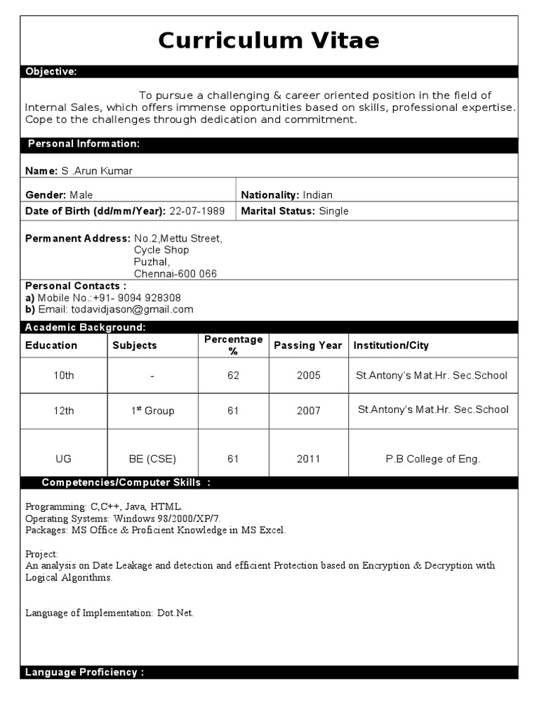 Internal Sales CV of S. Arun Kumar | PDF
