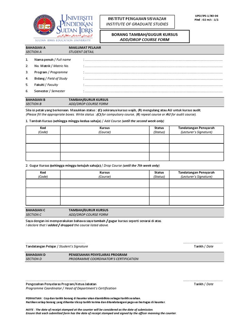 Borang Tambah Gugur Kursus Pdf