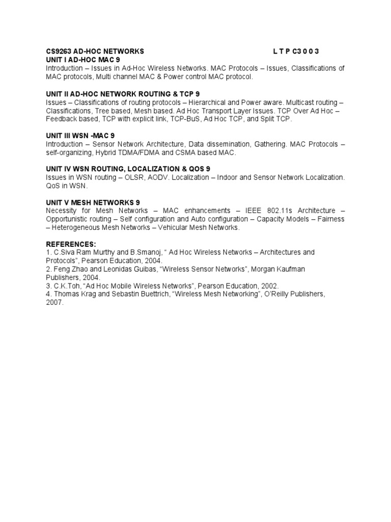 CS9263 Adhoc Network Syllabus Download Free PDF Wireless Sensor