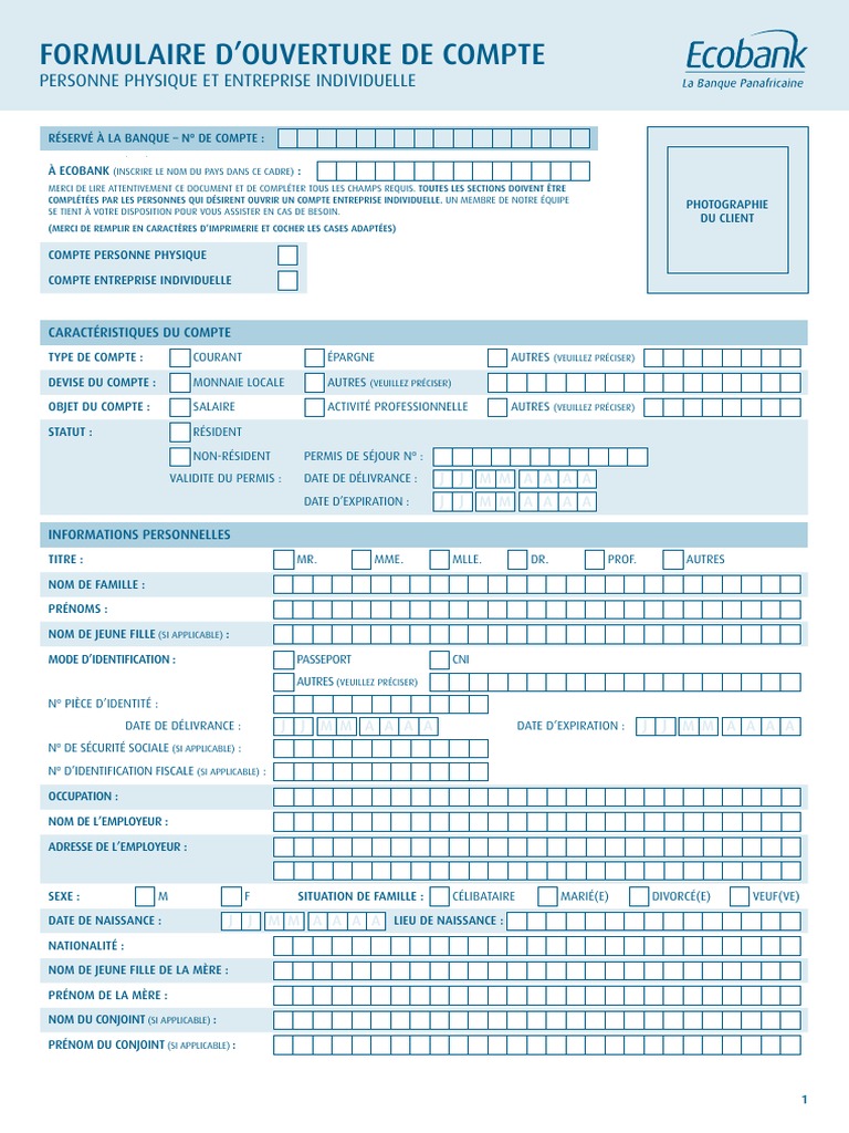 fiche d ouverture de compte ecobank pdf cheque banques