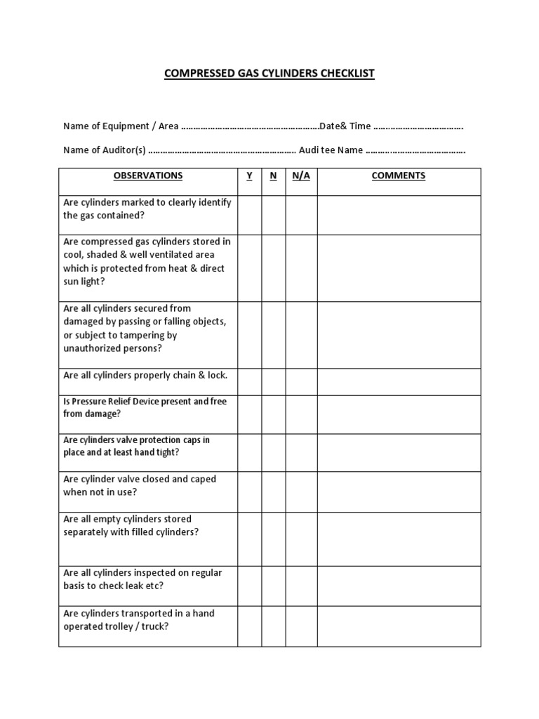 Compressed Gas Cylinders Checklist PDF Energy Technology Equipment