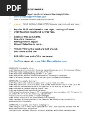 Report Card Comments, Geography Social Studies, High School/Secondary