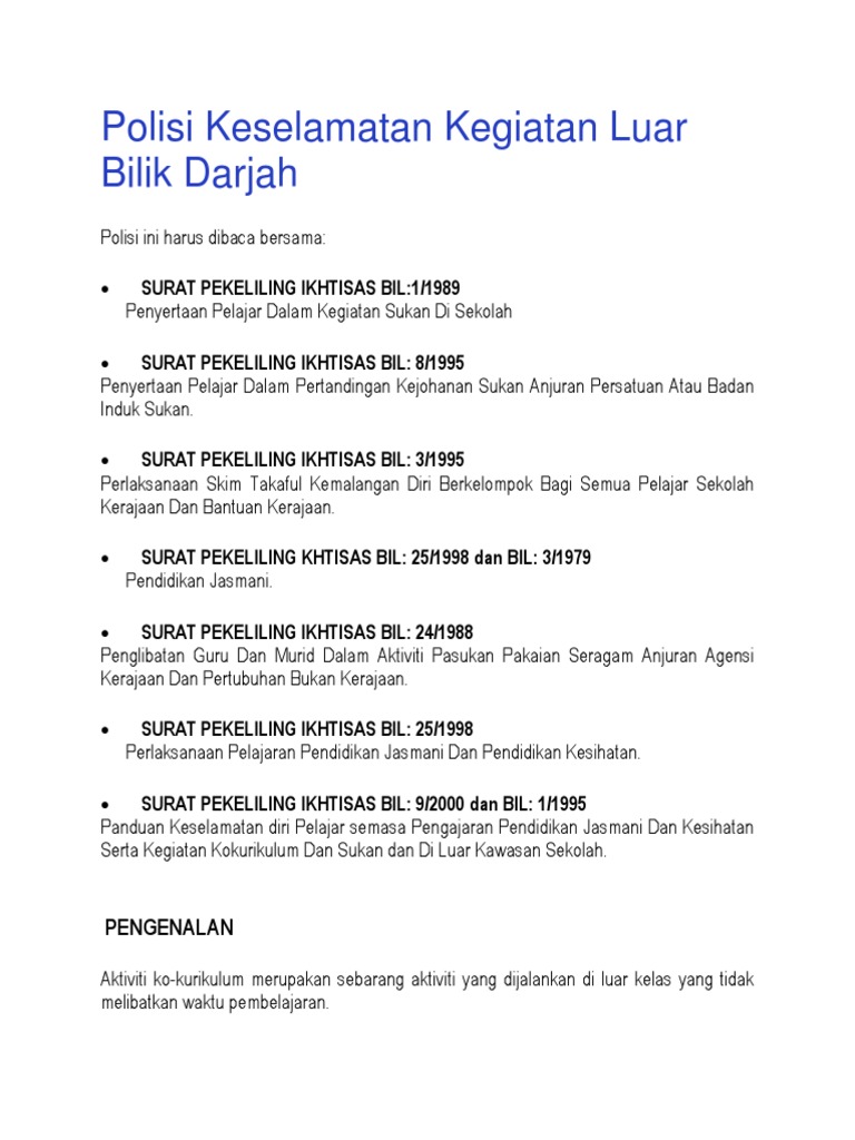 Polisi Keselamatan Kegiatan Luar Bilik Darjah Pdf