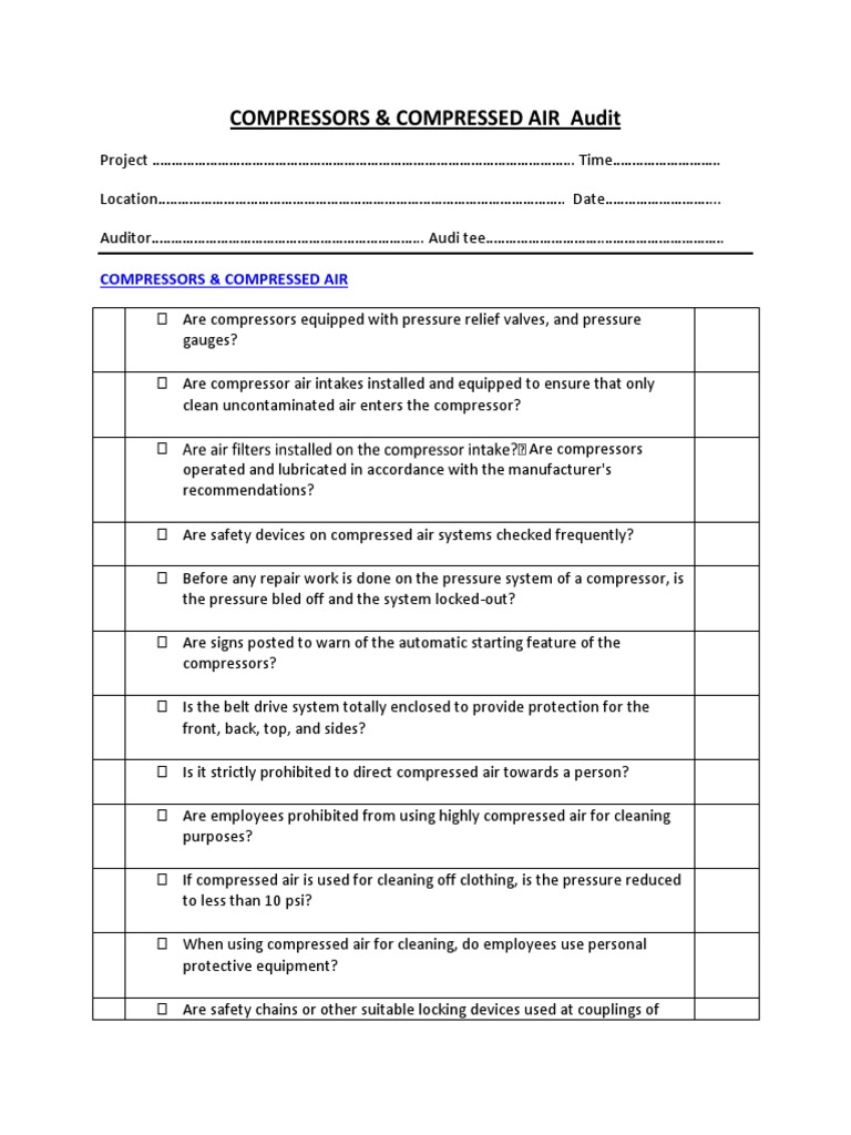 Compressors & Compressed Gas Audit Checklist Valve Gas Compressor