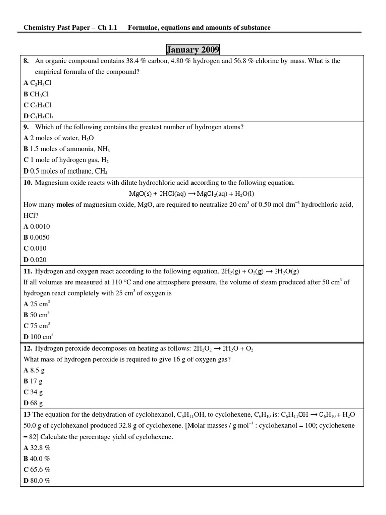 Chemistry Past Paper Ch1.1 PDF Mole (Unit) Acid
