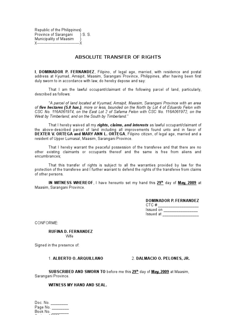 Absolute Transfer of Rights Sample Common Law Public Law