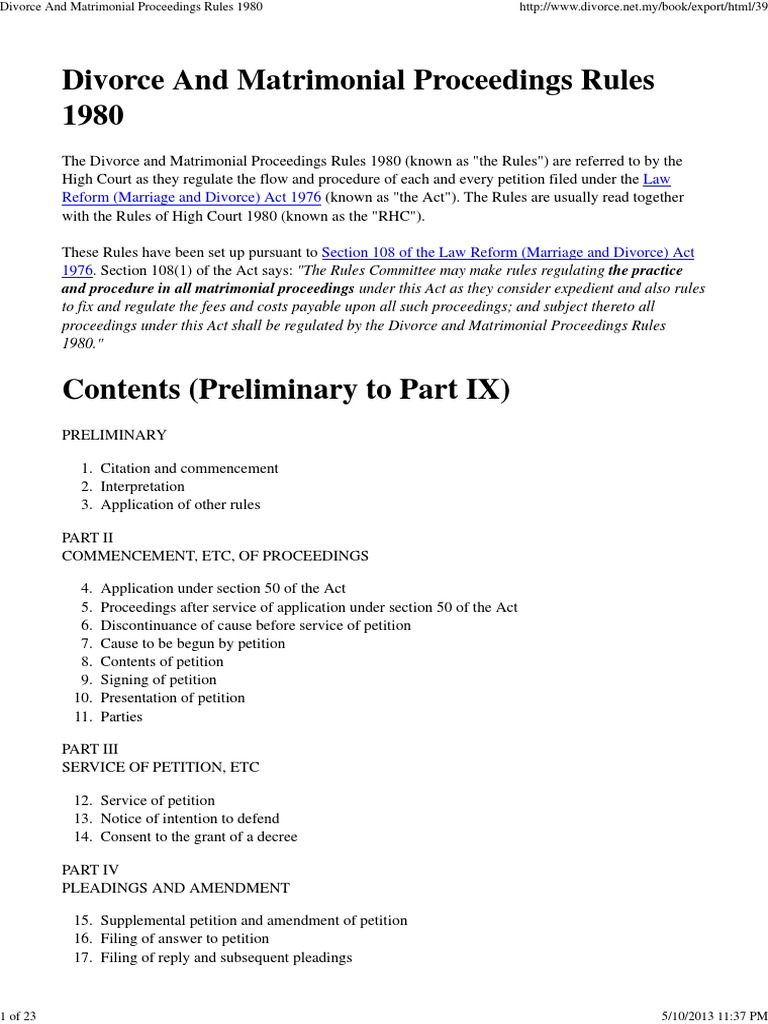 Divorce And Matrimonial Proceedings Rules 1980 Pdf Pleading Affidavit