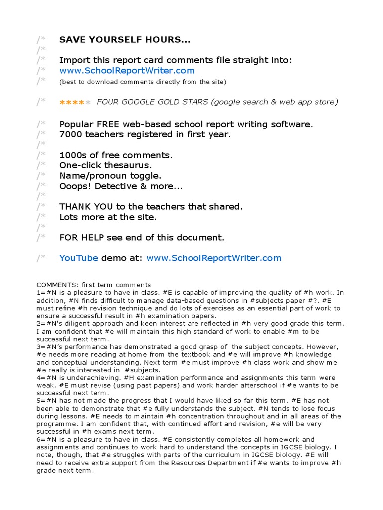 Report card comments for online classes image