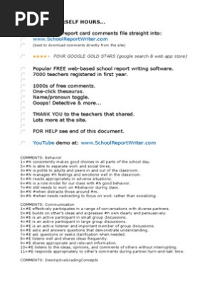 Report Card Comments, Science (File 1), High School/Secondary