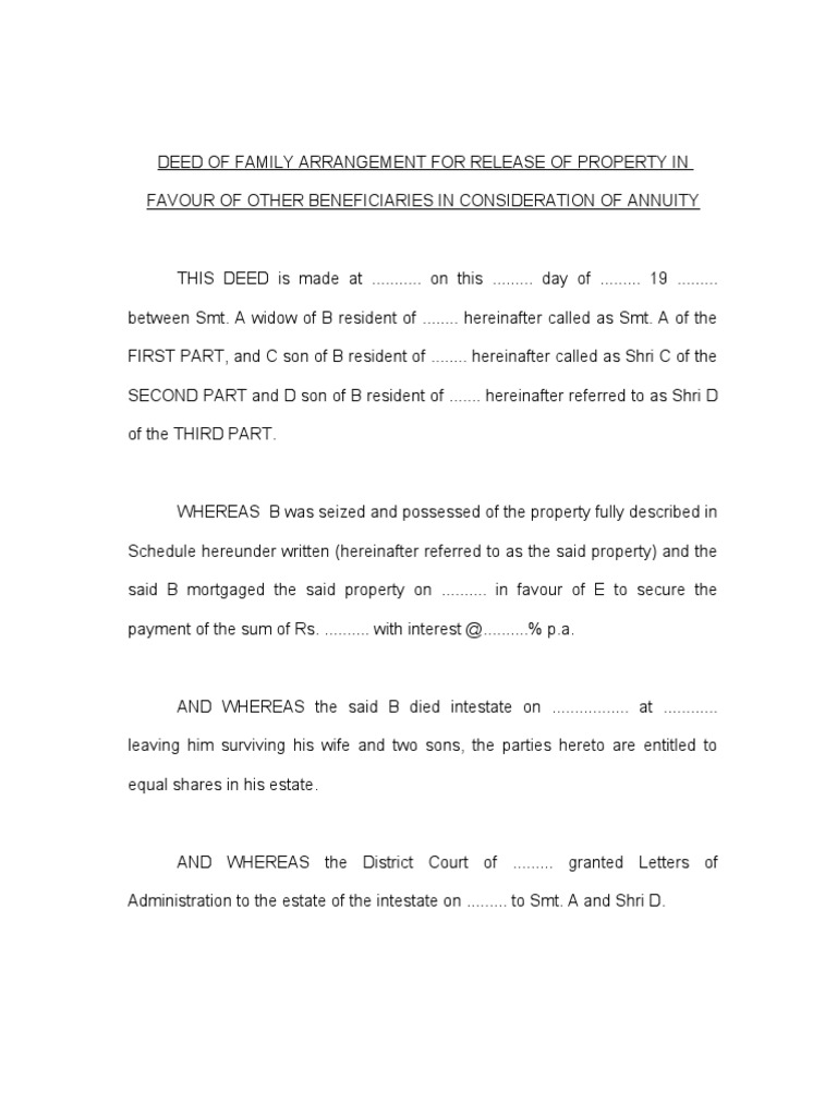 Deed of Family Arrangement For Release of Property in Favour of Other
