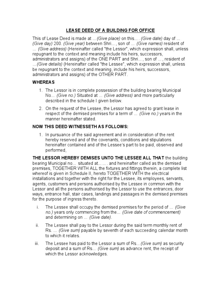 Lease Deed of a Building for Office Lease Civil Law Law)
