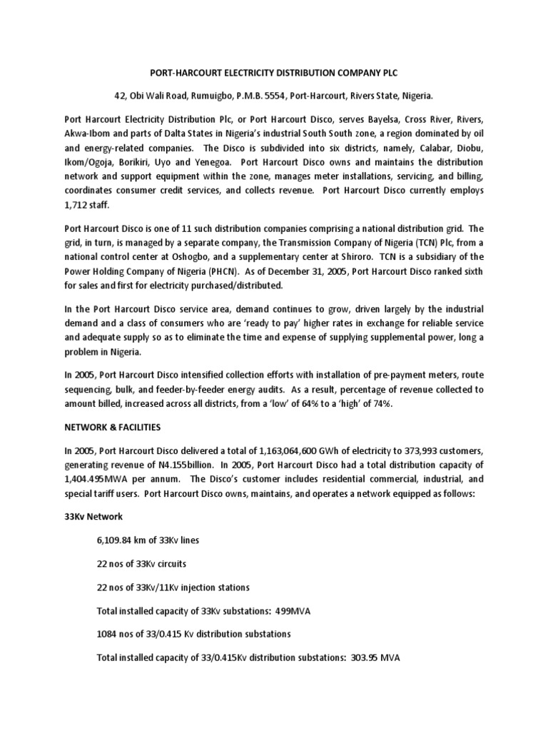 Port Harcourt Electricity Distribution Company PLC | PDF | Electric ...