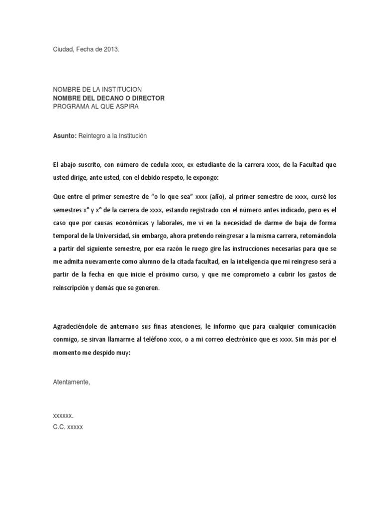 Carta de Reingreso a La Universidad