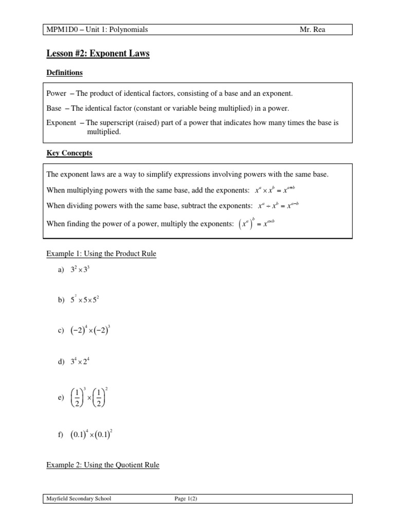 Grade 9 Academic Math Exponent Laws Pdf Exponentiation Polynomial