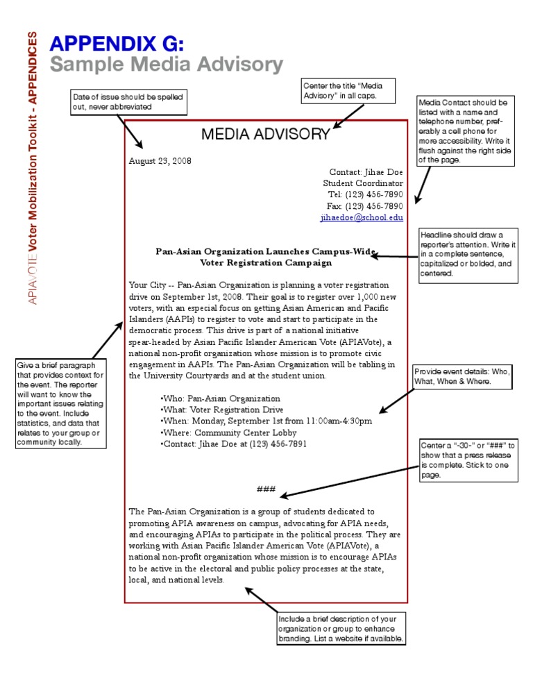 Sample Media Advisory Voter Registration Communication