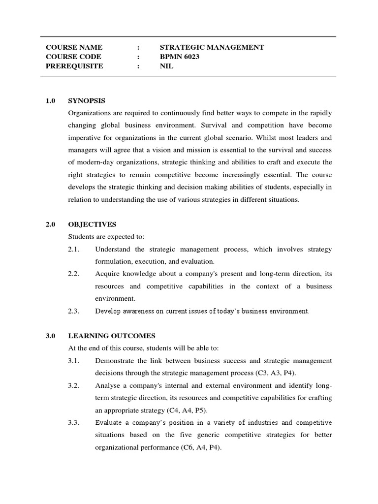 Strategic Management Course Syllabus | PDF | Strategic Management ...