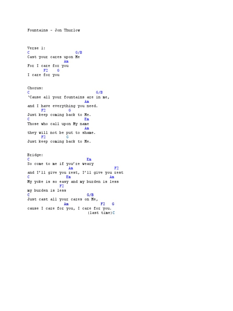 Fountains Chords Jon Thurlow Popular Music Songs