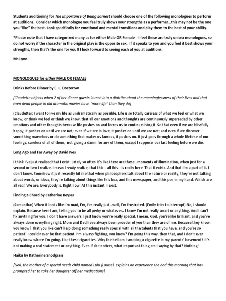 Audition Monologues Pdf Self Improvement