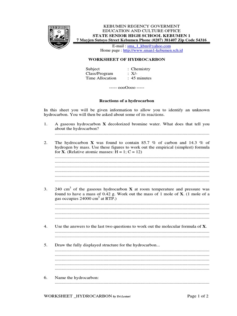 Worksheet Reaction of Hydrocarbon | PDF | Hydrocarbons | Molecules