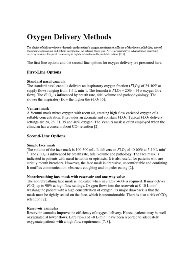 Oxygen Delivery Methods ENG PRINT | PDF | Oxygen | Litre