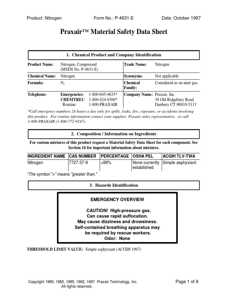 MSDS Nitrogen (Praxair) | PDF | Dangerous Goods | Superfund