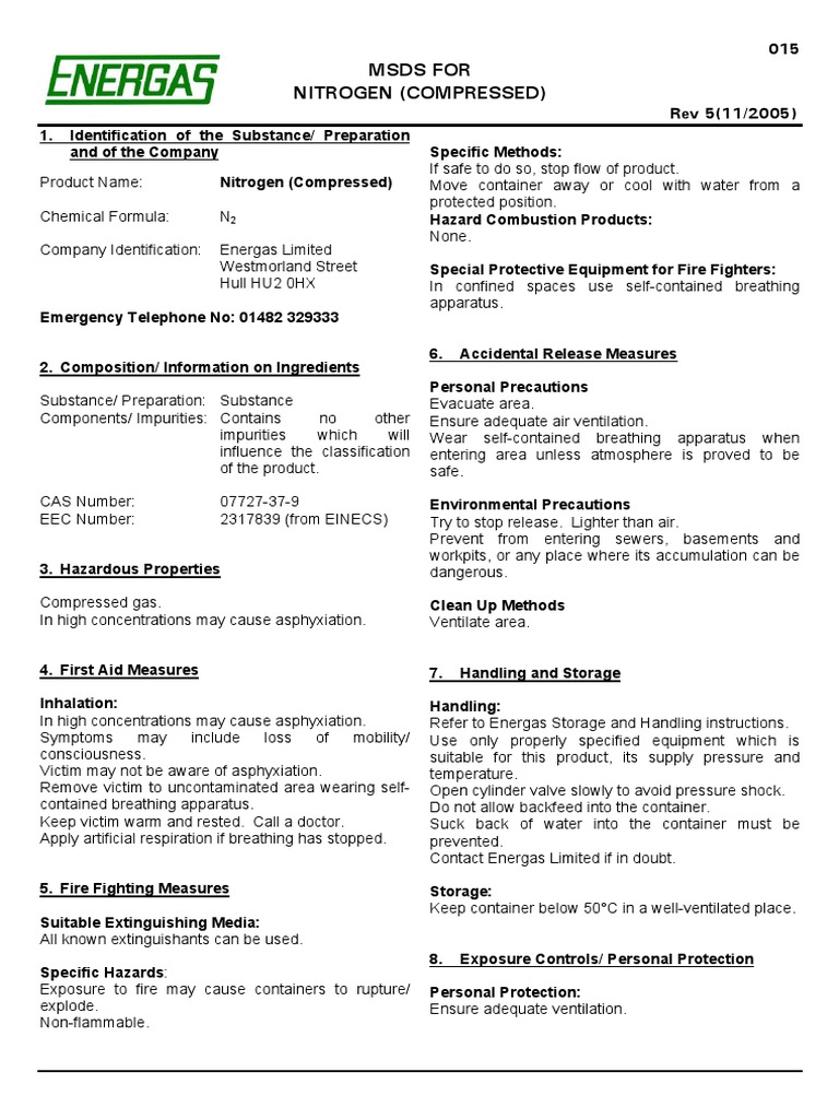 N2-MSDS (Energas) | PDF | Safety | Physical Sciences