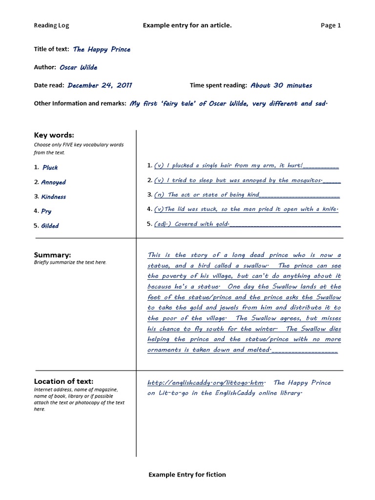 Reading Log Example Pages | PDF | Energy And Resource
