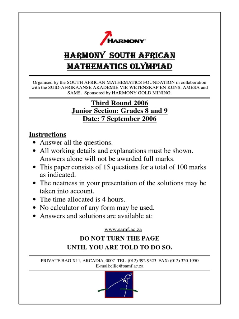 South African Maths Olympiad 2006 Paper | PDF | Triangle | Mathematical ...