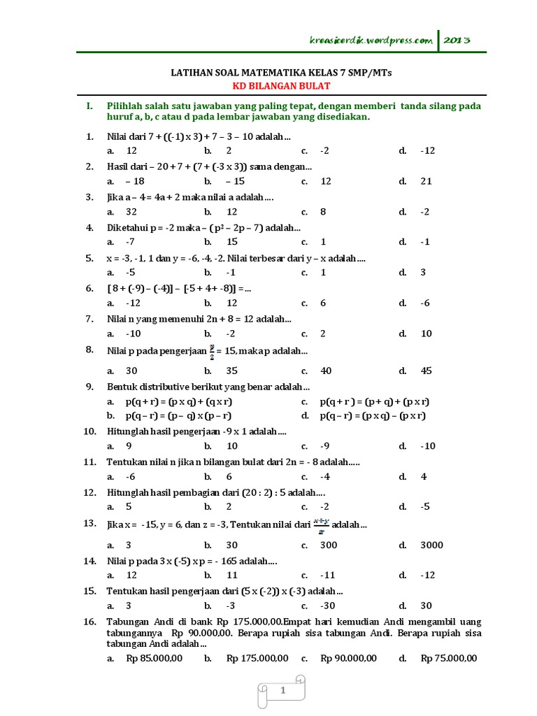 Soal Matematika Bilangan Bulat