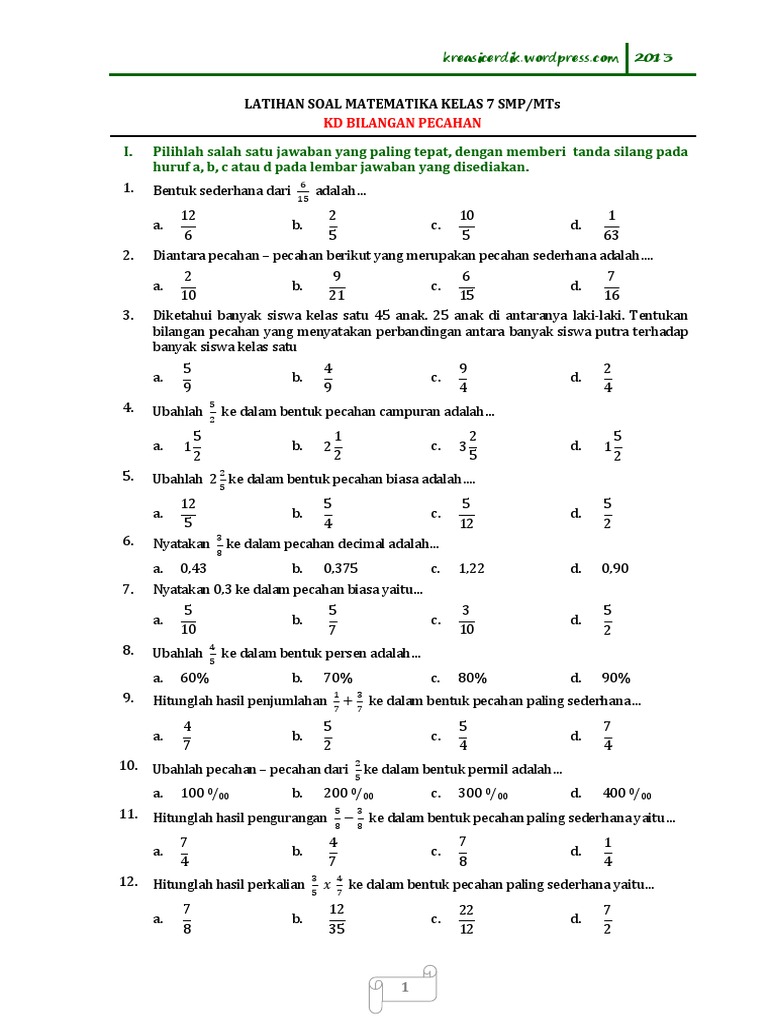 Soal Matematika Bilangan Pecahan