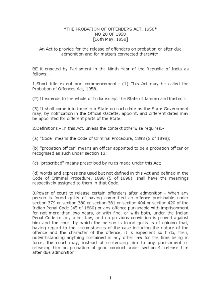 The Probation Of Offenders Act 1958 Pdf Law
