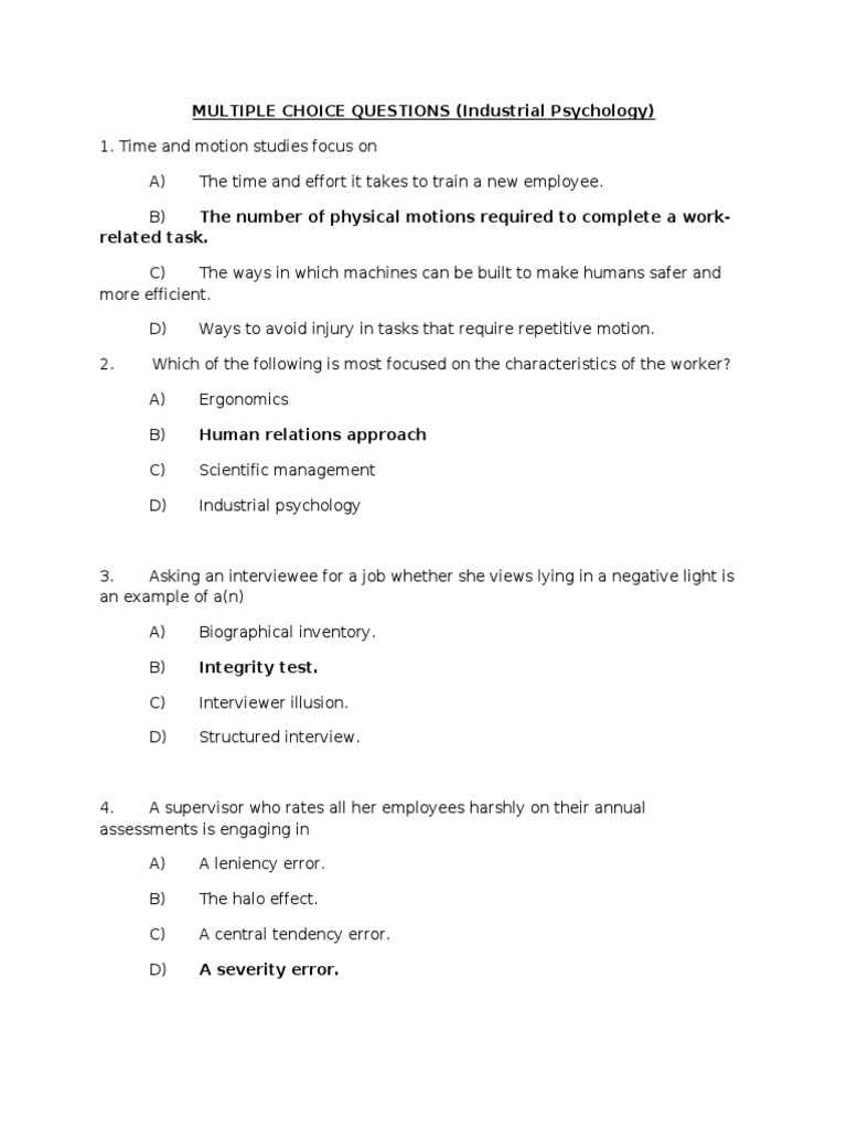 Industrial Psychology MCQ Practice Test | PDF | Industrial And ...