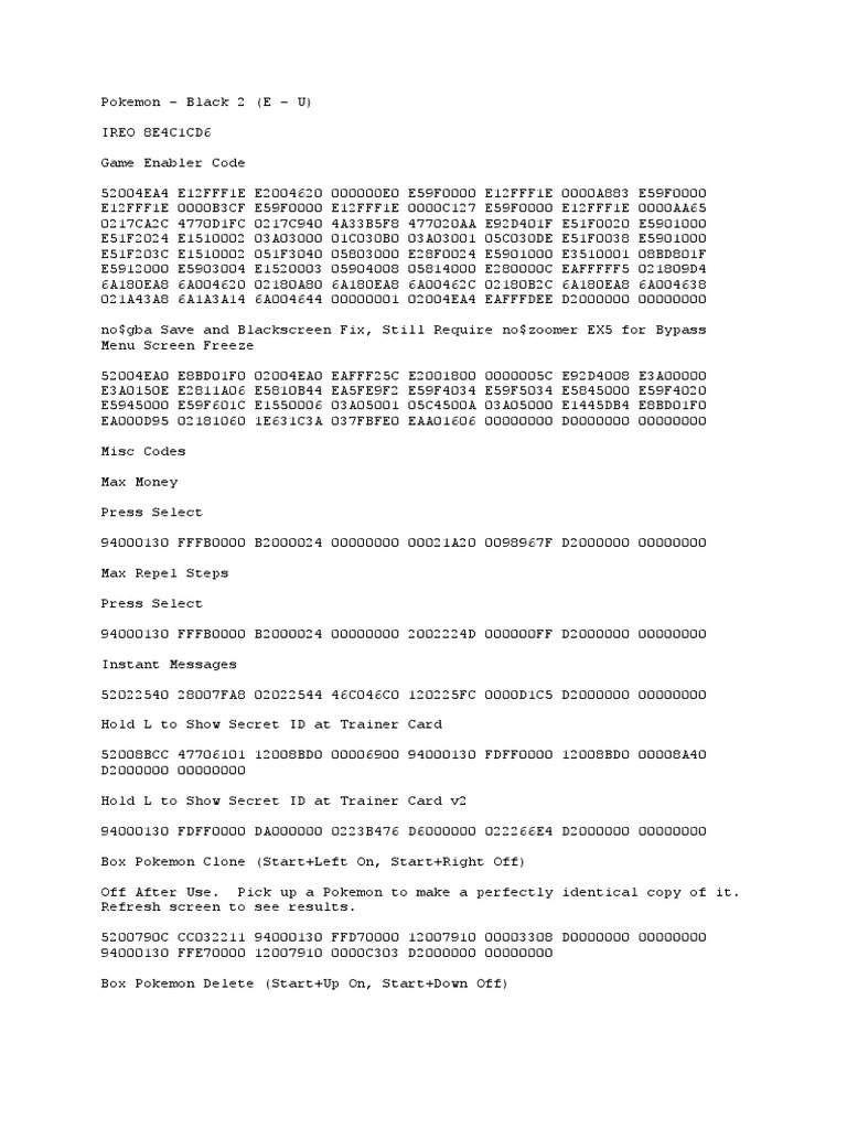 Pokemon Black 2 Cheat Code PDF Fictional Life Forms Nintendo Franchises