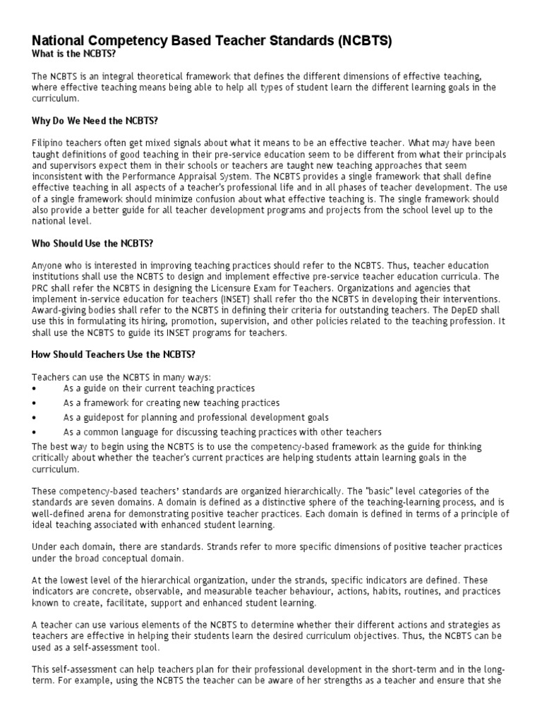 Understanding NCBTS Framework and Domains | PDF | Teachers | Curriculum