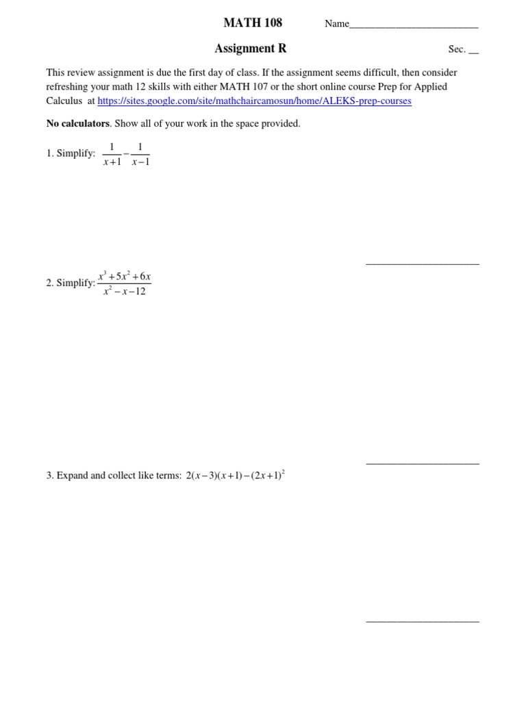 Math 108 Review Assignment | PDF