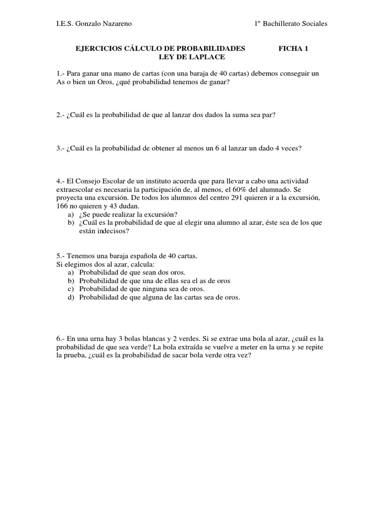 Ejercicios de Probabilidades y Soluciones | PDF | Jugando a las cartas ...