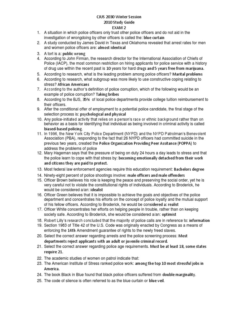 CJUS 2030 Study Guide Exam 2 Police Officer Police