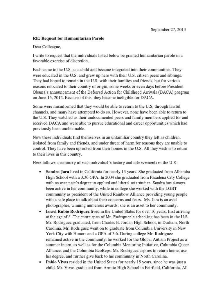 Dream 30 Letter Requesting Humanitarian Parole Deferred Dream 30 Letter Requesting Humanitarian Parole Deferred